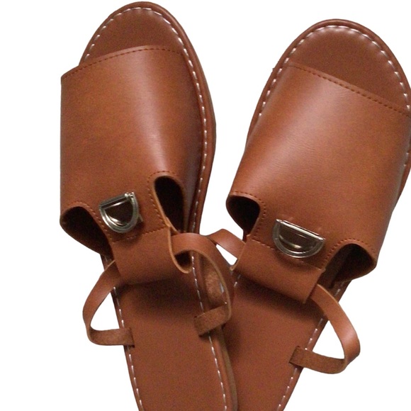 Women Metal Decor Brown PU Leather Open Toe Sandals - Picture 3 of 4